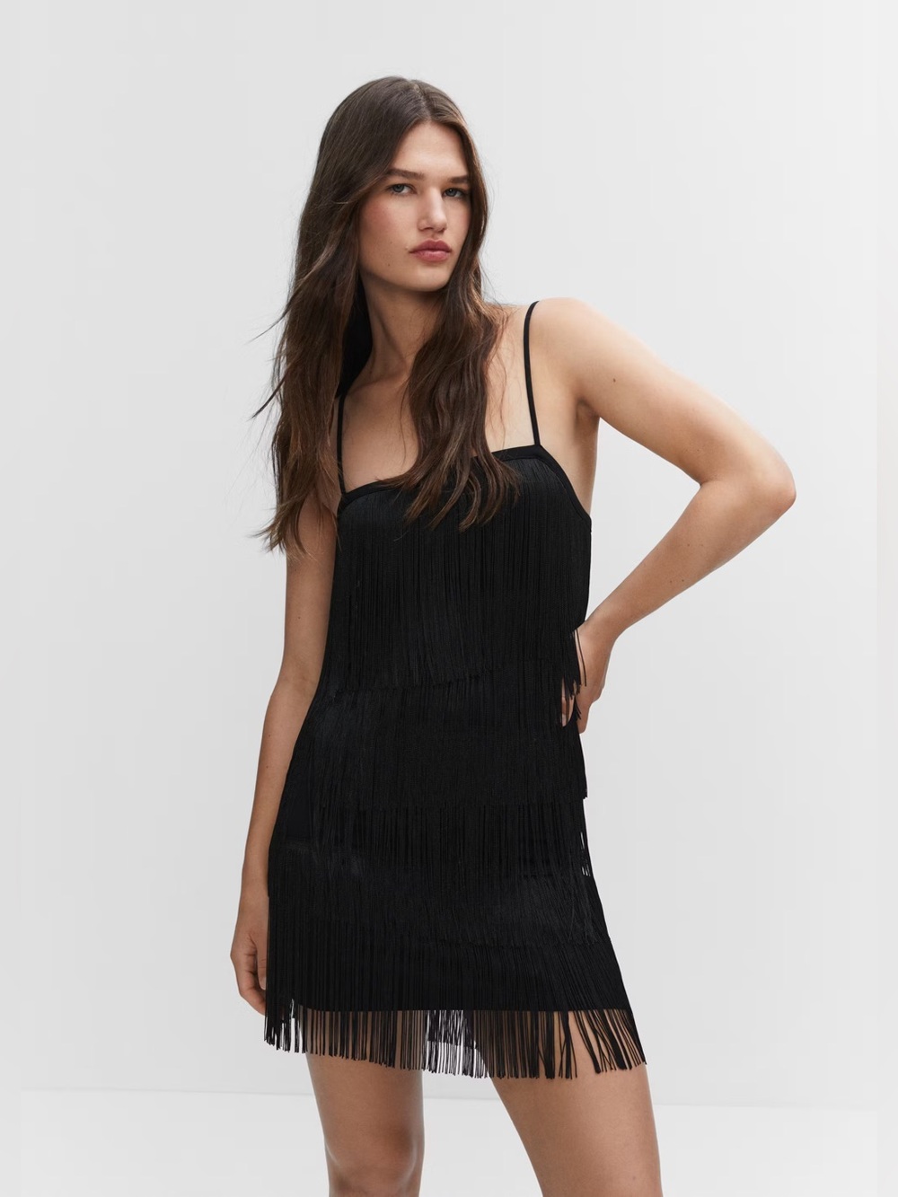Mango Black Fringe Mini Slip Dress
